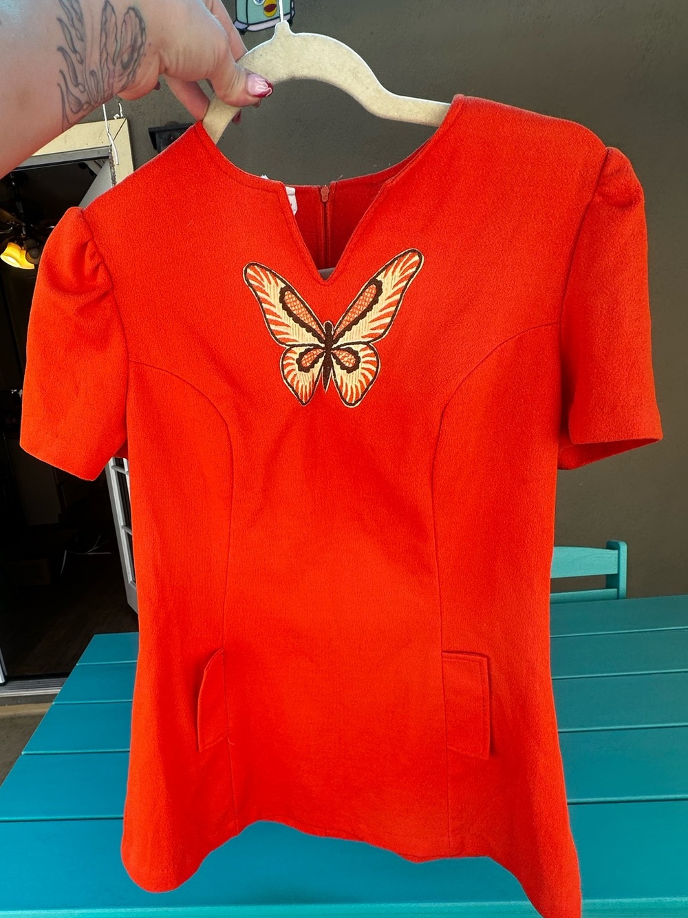Vintage Embroidered Butterfly super short Orange mini dress